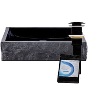 NOVATTO Square Black Granite Vessel Sink with Chiseled Exterior and Matte Black Drain NOSV-ANSQMB